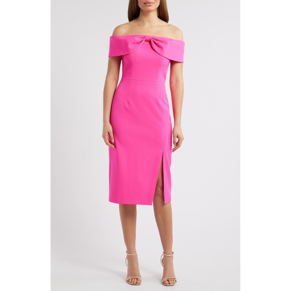 Eliza‎ J Bow Off-The-Shoulder Midi Dress Hot Pink Size 6 New